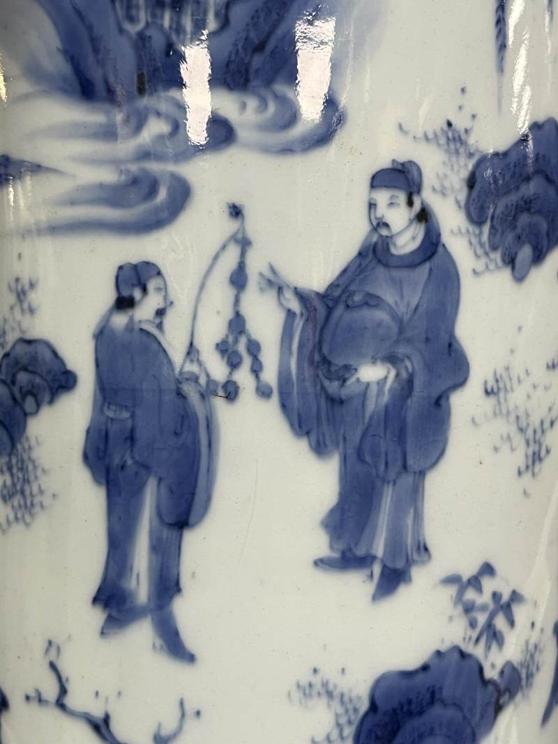 明崇祯 青花张骞出西域人物故事图筒瓶 - 图10