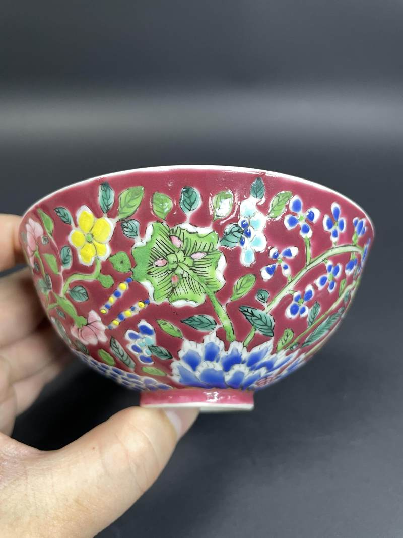 清乾隆 胭脂红地洋彩九秋图小碗一对 - 图10