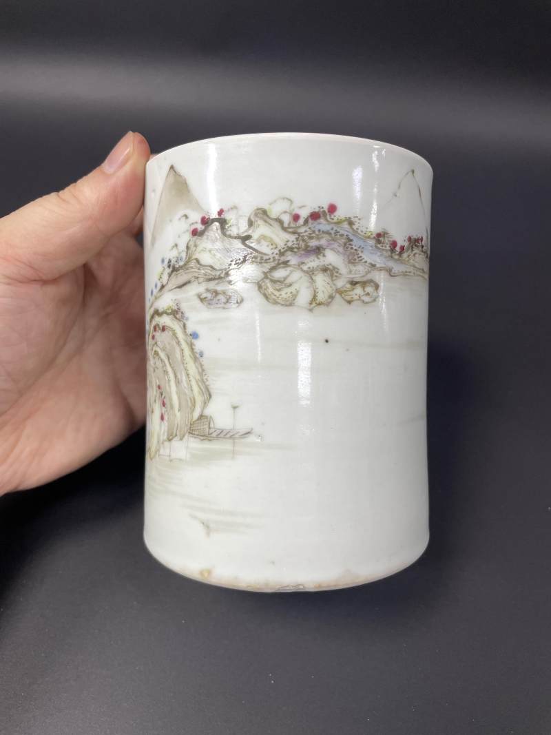 清康熙-雍正 墨彩加粉彩山水纹笔筒 - 图6