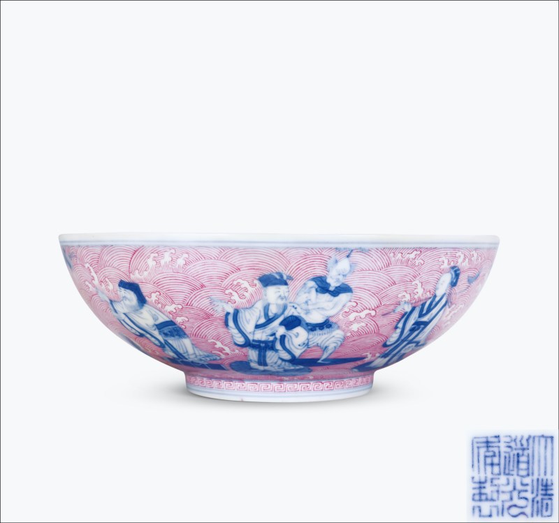 清道光 青花胭脂红八仙庆寿图大碗