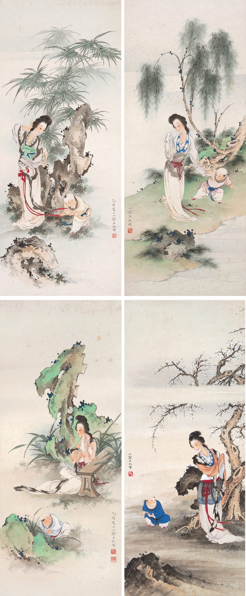 乙酉（1945年）作 王叔晖 教子图四屏