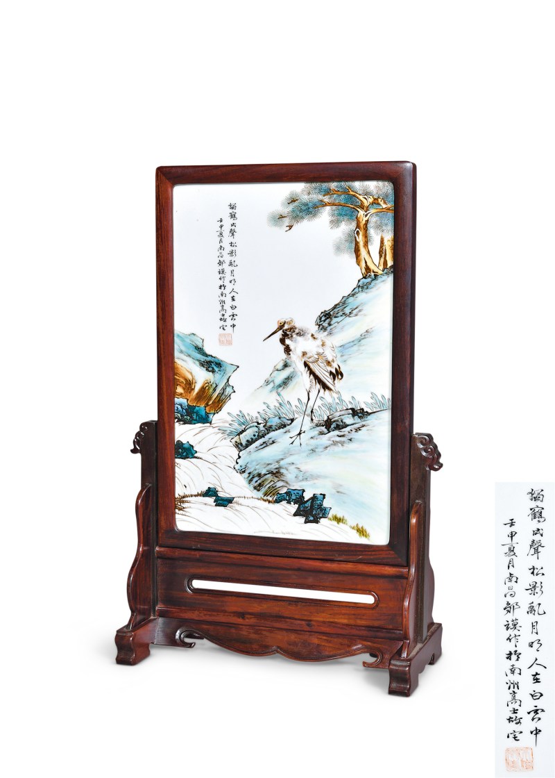 民国二十一年（1932年） 粉彩松鹤延年诗文插屏