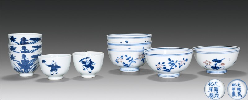 明、清 青花釉里红、青花杯十只