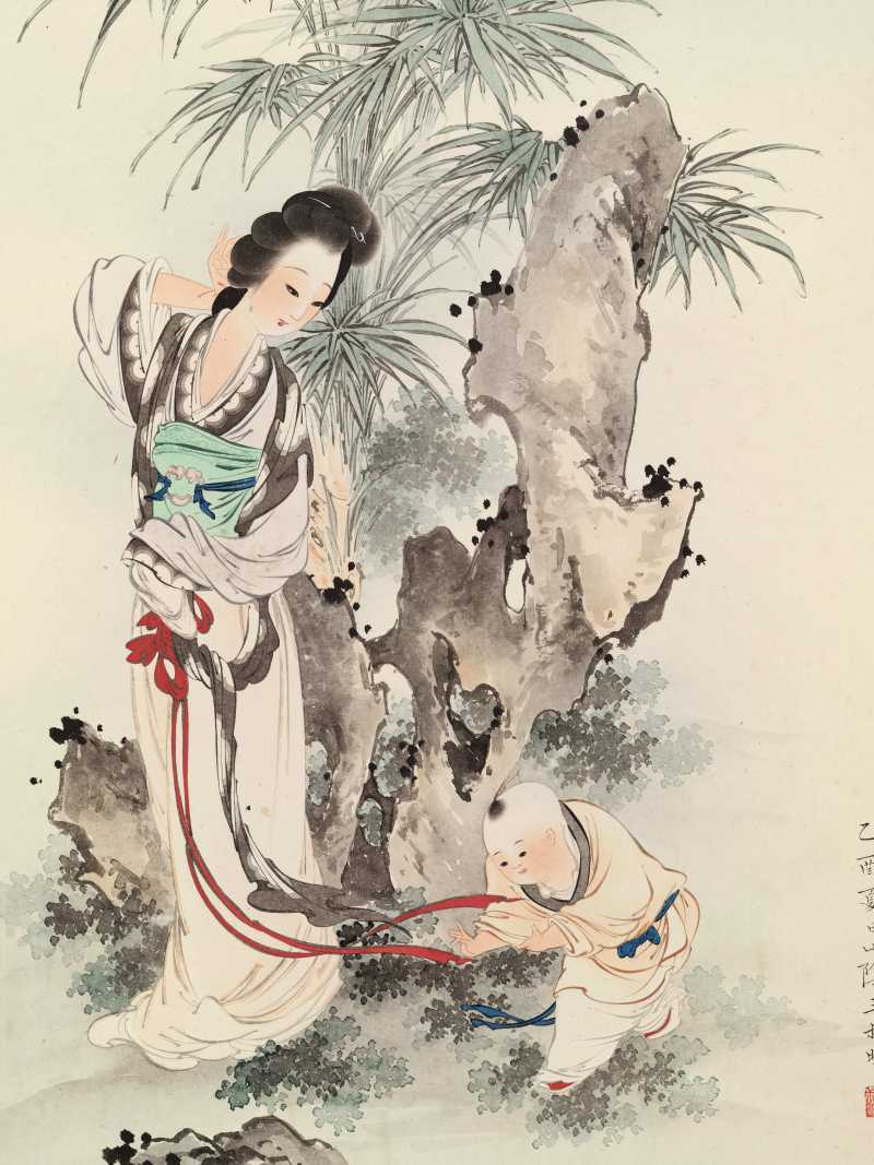 乙酉（1945年）作 王叔晖 教子图四屏 - 图3