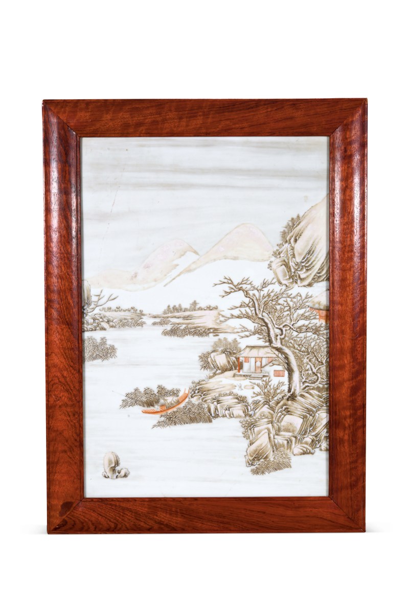 民国 粉彩山水人物雪景图瓷板挂屏