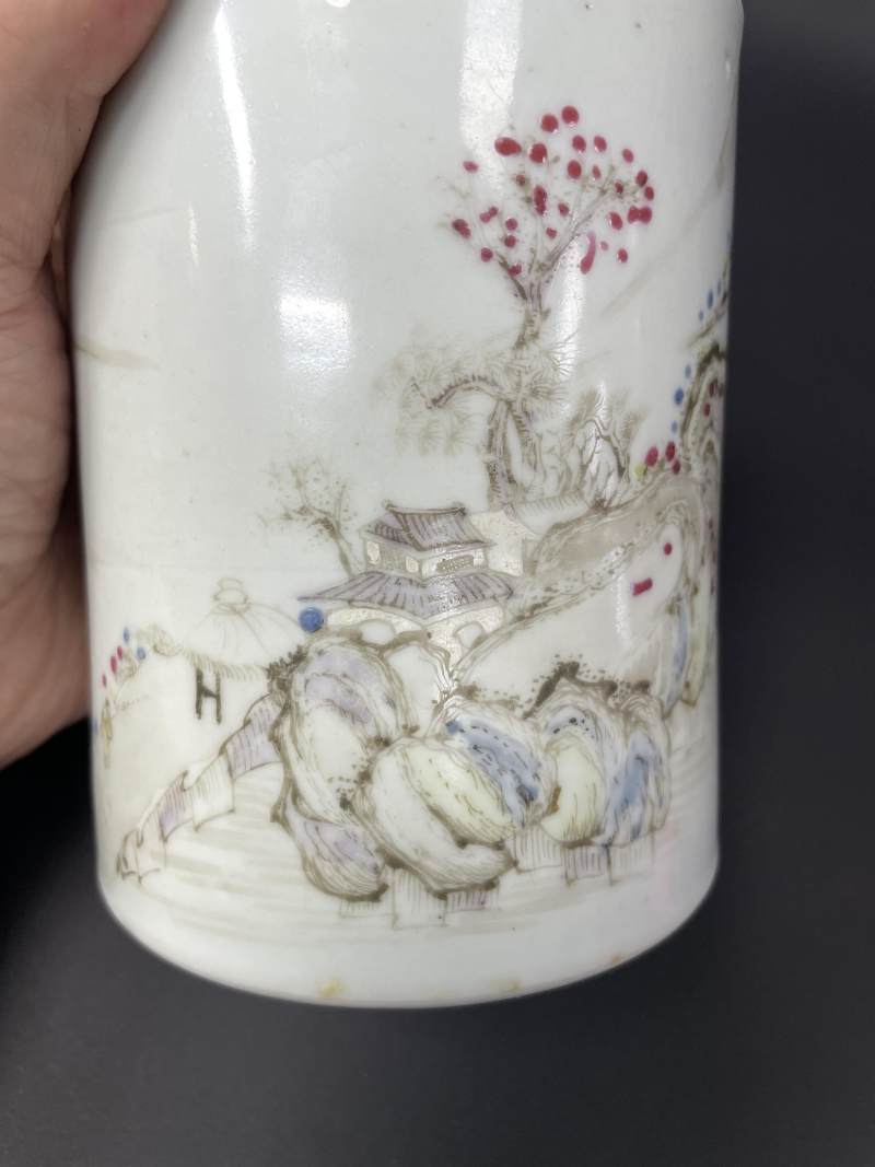 清康熙-雍正 墨彩加粉彩山水纹笔筒 - 图13