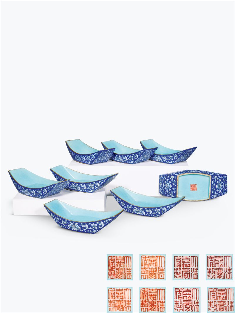清嘉庆 蓝地洋彩缠枝莲纹茶船八只 - 图1