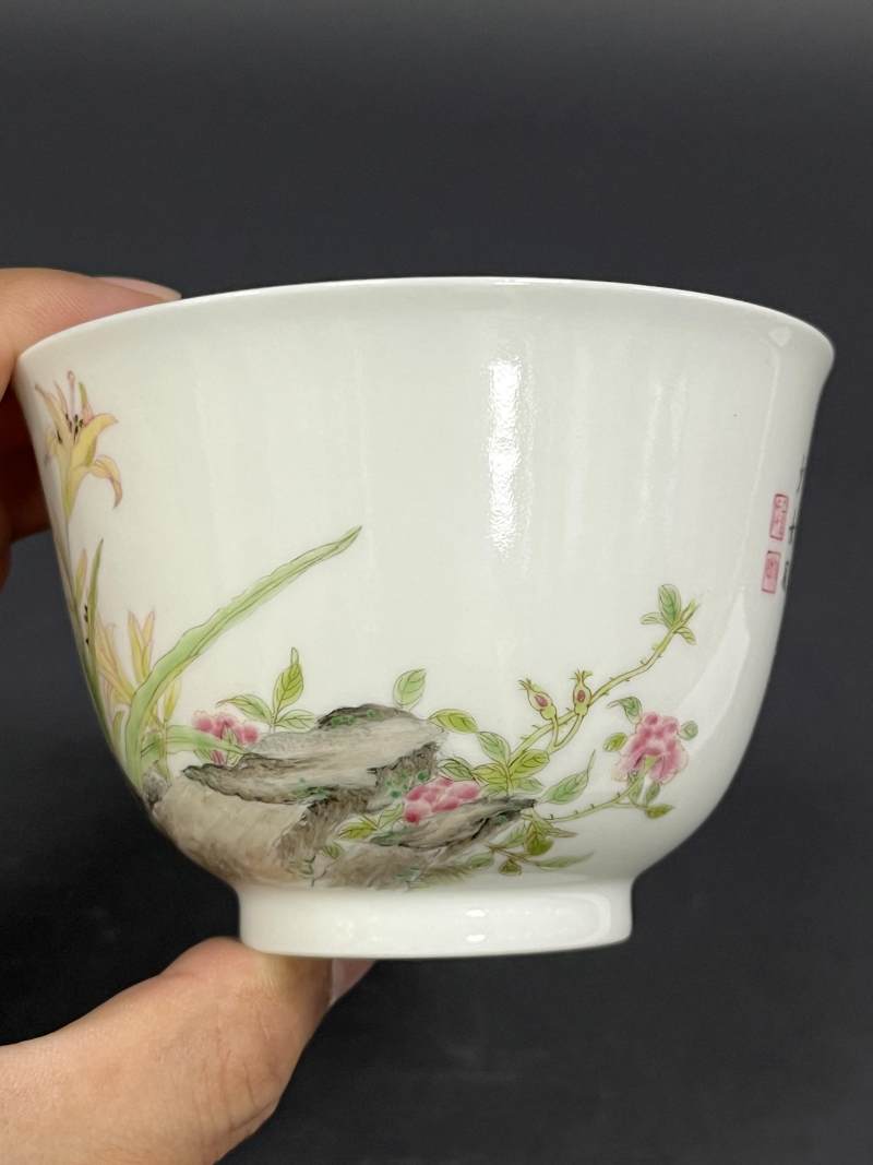 民国 仿珐琅彩花蝶诗文茶圆 - 图5