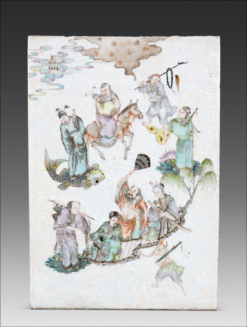 清晚期 白地轧道粉彩八仙过海图瓷板