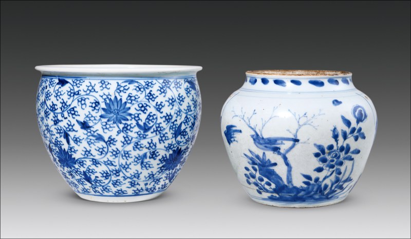 清顺治、清康熙 青花开光花鸟纹粥罐、青花缠枝莲纹案缸各一件