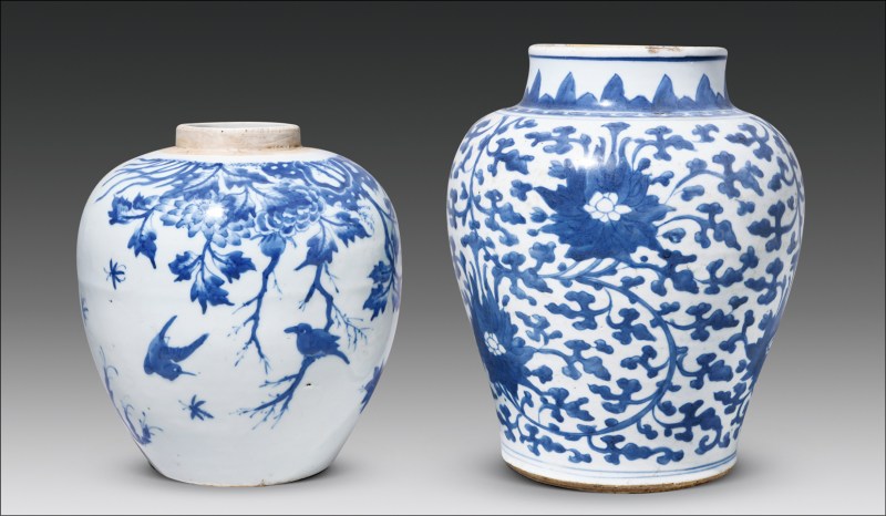 清顺治 青花花鸟纹、花卉纹罐各一件