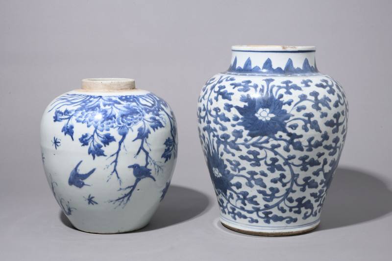清顺治 青花花鸟纹、花卉纹罐各一件 - 图2