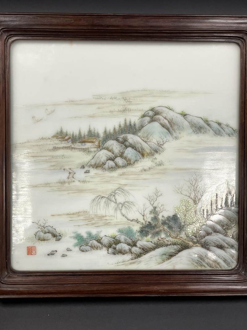 民国 潘匋宇绘粉彩山水纹瓷板砚屏 - 图7