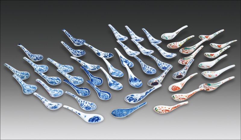清晚期 青花、粉彩花鸟、鱼藻、云龙、缠枝莲纹匙五十只