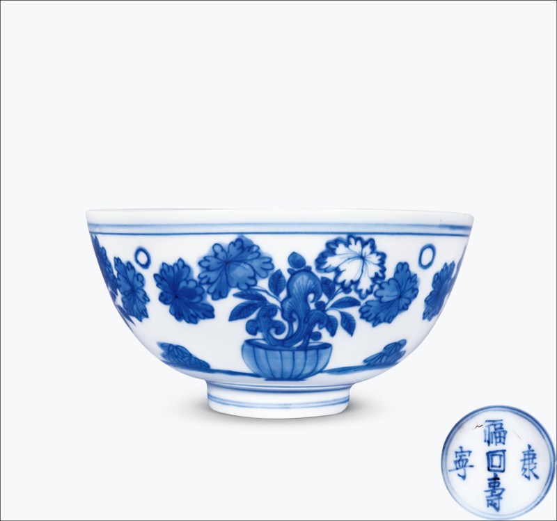 明晚期 青花盆花图碗