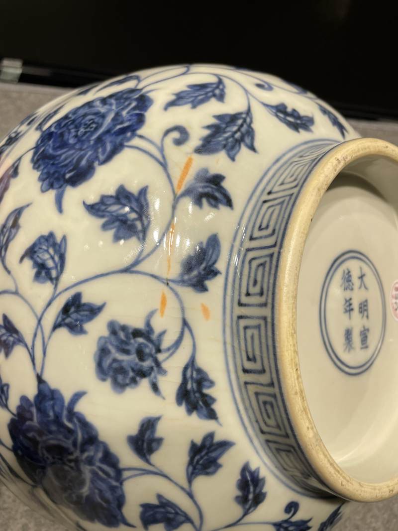 明宣德 青花内折枝花果纹外缠枝花卉纹大碗 - 图15
