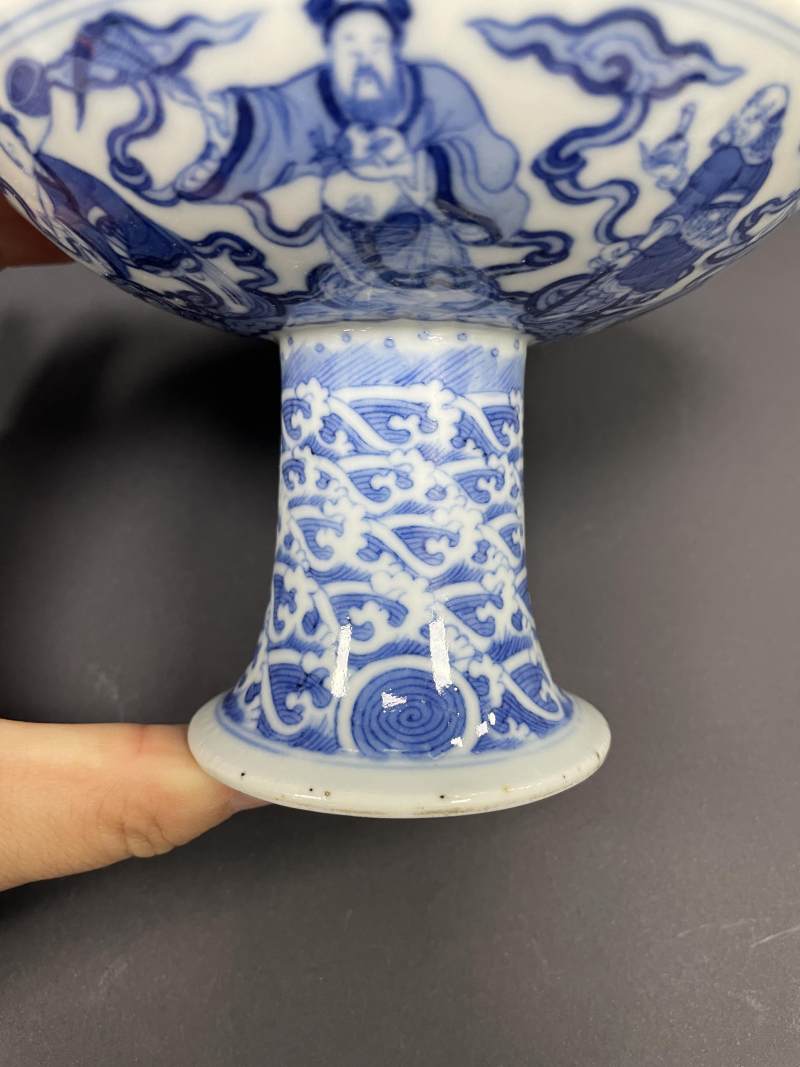 清道光二十五年（1845年） 青花内五福捧寿外海水八仙图高足盘 - 图9
