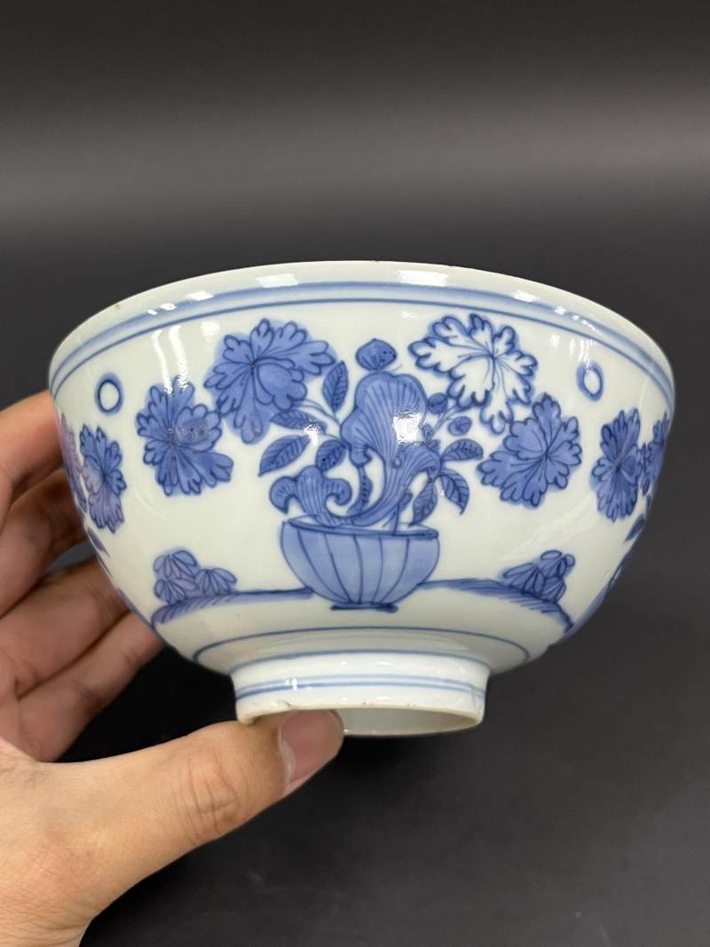 明晚期 青花盆花图碗 - 图4