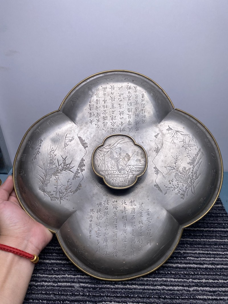 1896年 锡制山水人物诗文一品锅具一套 - 图21