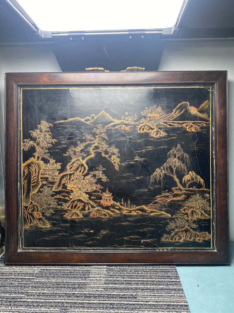清乾隆 紫檀嵌百宝剔红松鹤延年描金彩绘山水图双面挂屏 - 图20