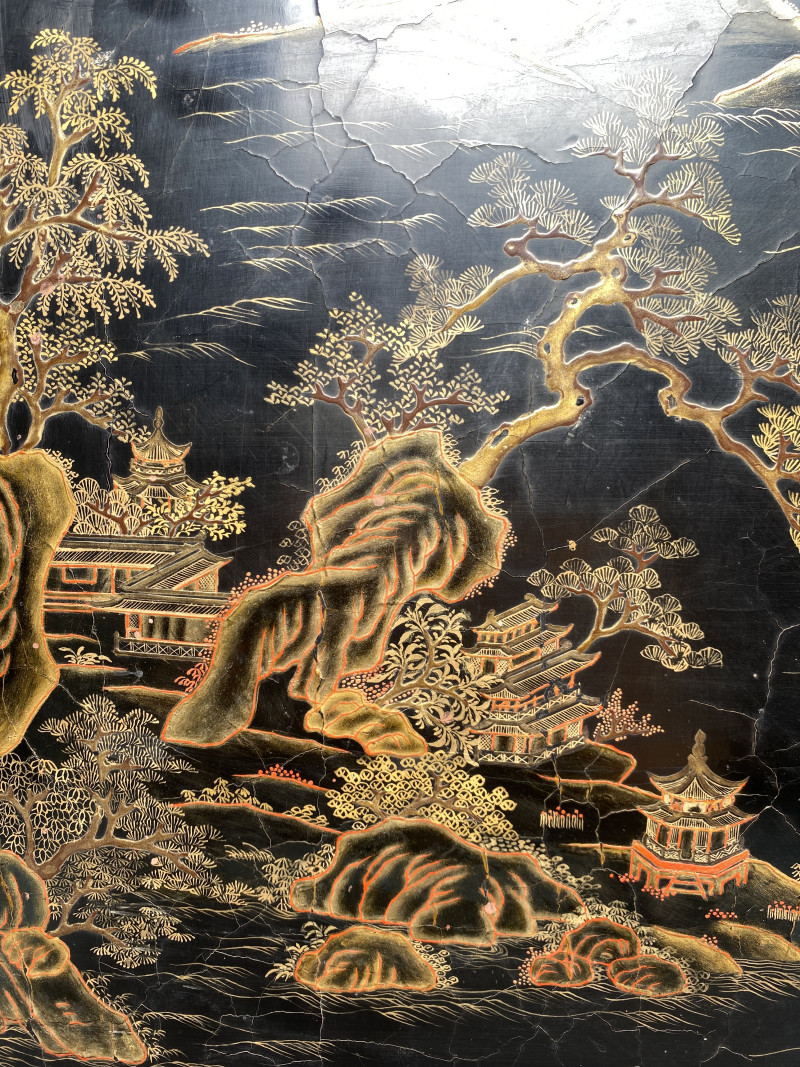 清乾隆 紫檀嵌百宝剔红松鹤延年描金彩绘山水图双面挂屏 - 图21