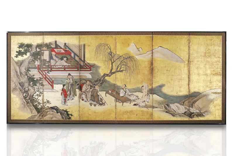 江户时期（1603-1868） 狩野派高士雅集图六曲屏风