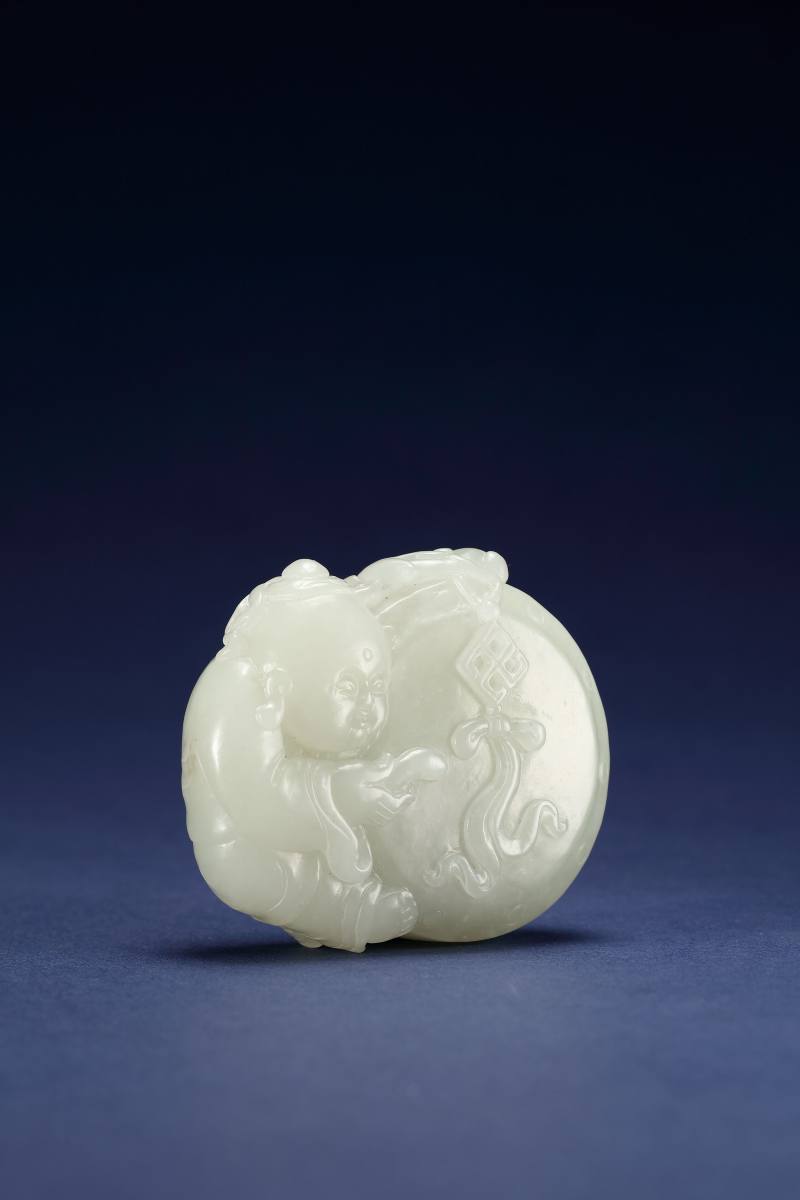 清 白玉童子戏鼓摆件 - 图3