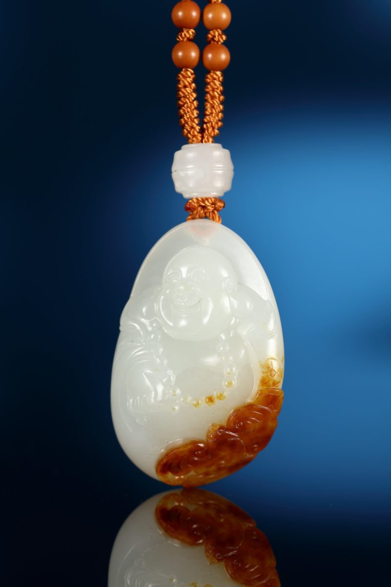 当代 和田玉红皮籽料弥勒佛挂件