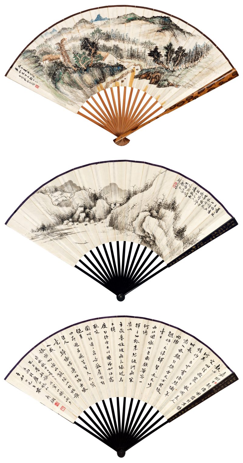 丙子（1936年）、昭阳作噩（1933年）、戊寅（1938年）作 尹绍崑、钱达根、寿玺 山水成扇两柄
