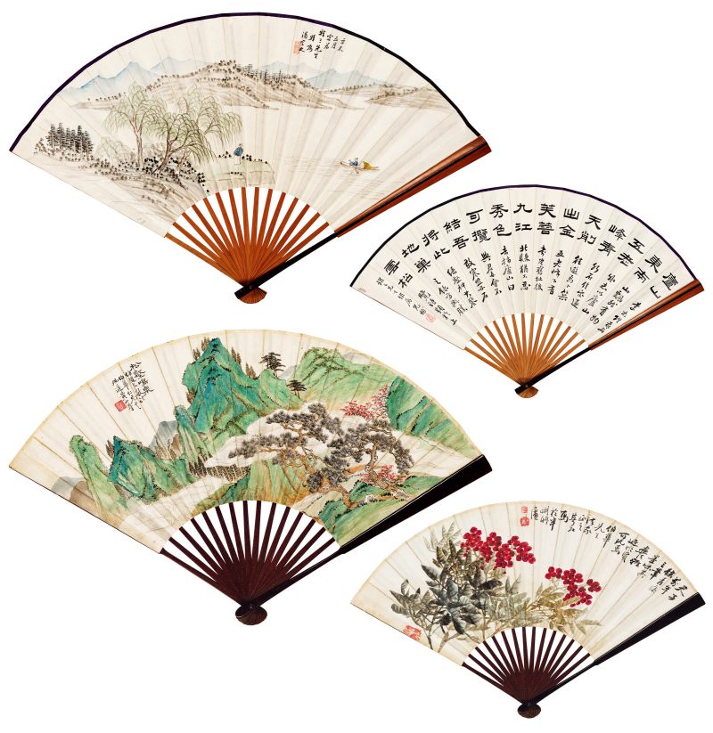 辛未（1931年）作 汤滌、黄山寿、金梦石 山水成扇两柄