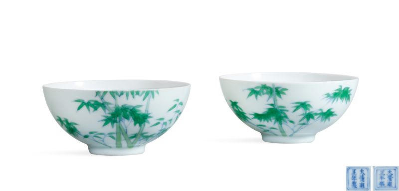 清雍正 鬥彩竹紋茶圓一對 - 图1