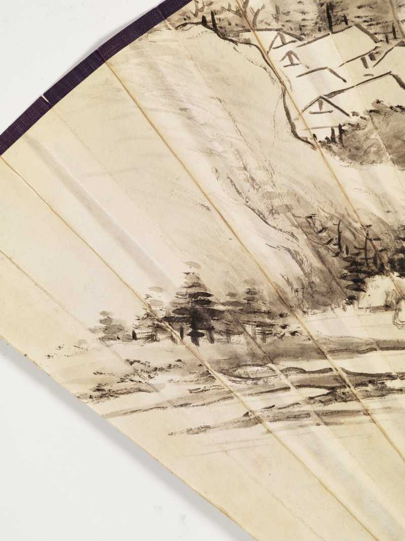 丙子（1936年）、昭阳作噩（1933年）、戊寅（1938年）作 尹绍崑、钱达根、寿玺 山水成扇两柄 - 图8