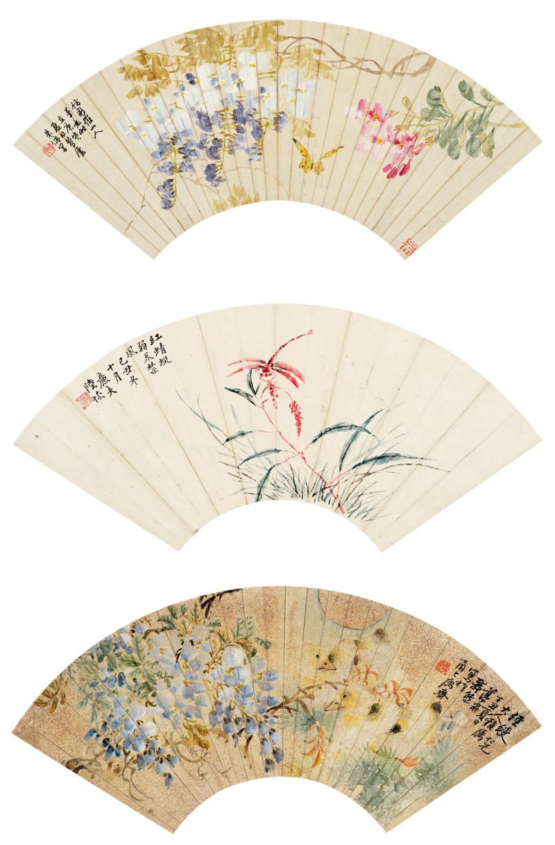 庚寅（1890年）、己丑（1889年）作 朱偁、陆恢、朱梦泉 花鸟三帧 - 图1