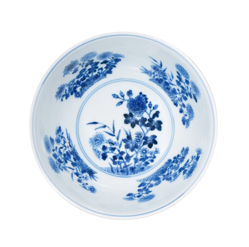 清道光 外粉彩花鳥紋內青花折枝花卉紋碗 - 图2