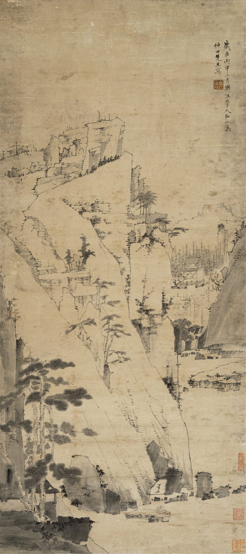 丙申（1656年）作 弘仁（款） 层岩松壑