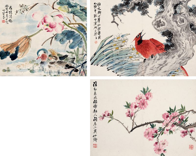 癸丑（1913年）、己卯（1879年）作 王礼、张熊、丁宝书 花鸟三帧 - 图1