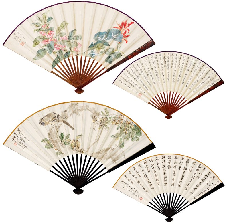 甲申（1944年）、戊戌（1898年）作 郑元素、沙馥等 花鸟成扇两柄
