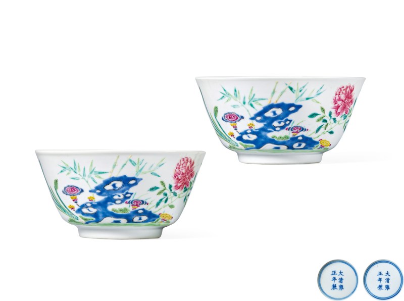 清光緒 粉彩花卉紋碗一對