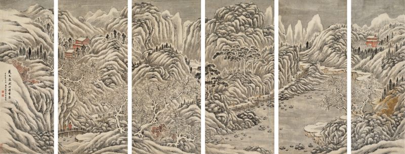 甲午（1834年）作 潘思牧（款） 仿戴文进关山积雪图通景六屏
