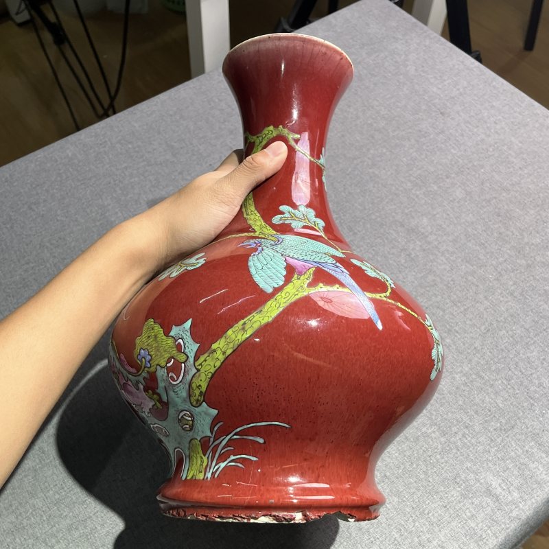 清中期红釉花鸟赏瓶 - 图4