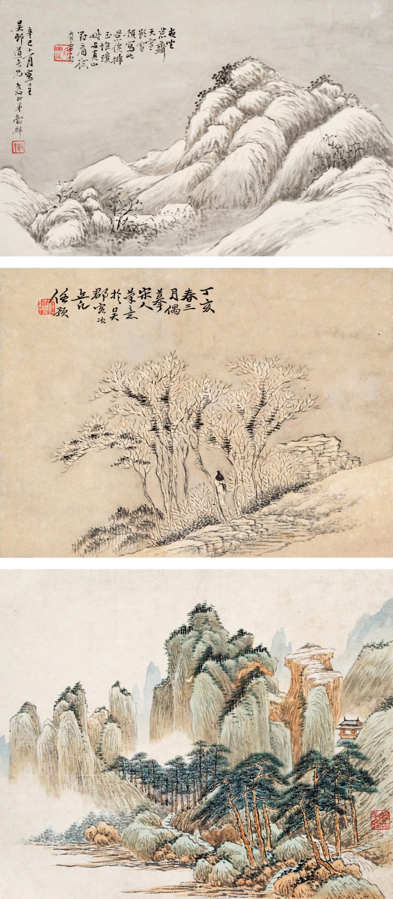 辛巳（1881年）、丁亥（1887年）作 吴榖祥、任颐 山水三帧 - 图1