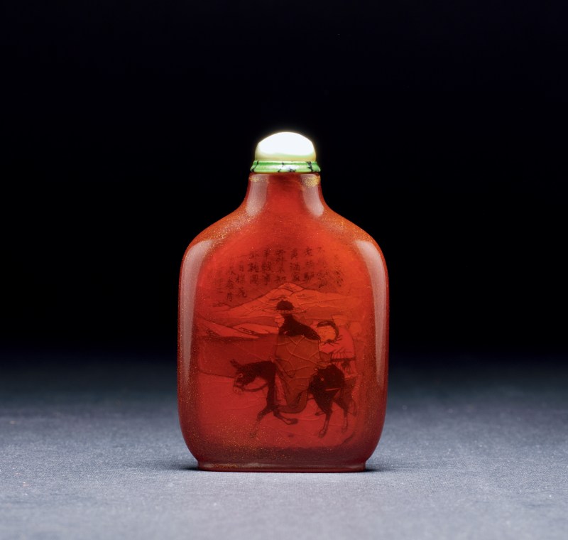 1910年 葉仲三作 琥珀內繪踏雪尋梅圖煙壺