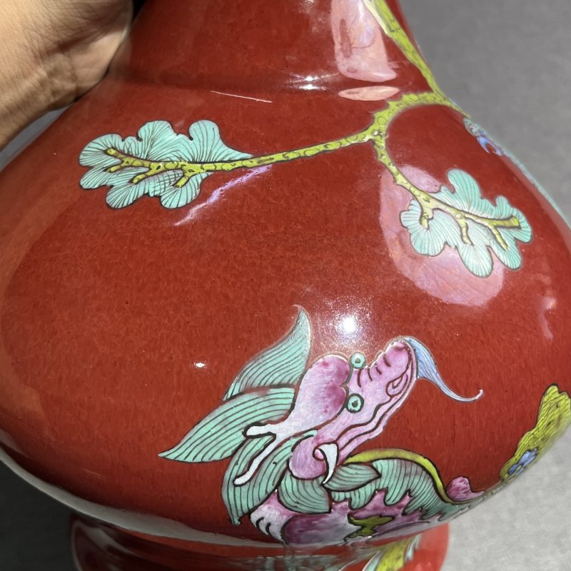 清中期红釉花鸟赏瓶 - 图7