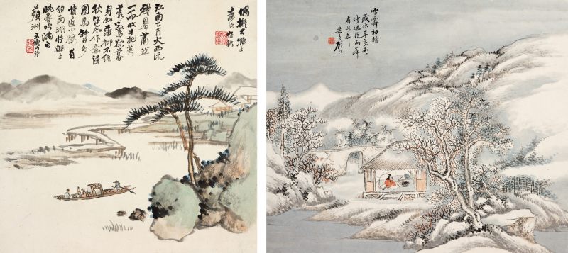 辛亥（1919年）作 吴徵、顾颐 山水二帧 - 图1