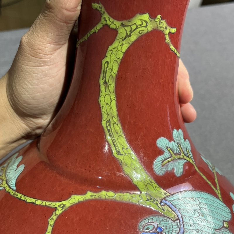 清中期红釉花鸟赏瓶 - 图8