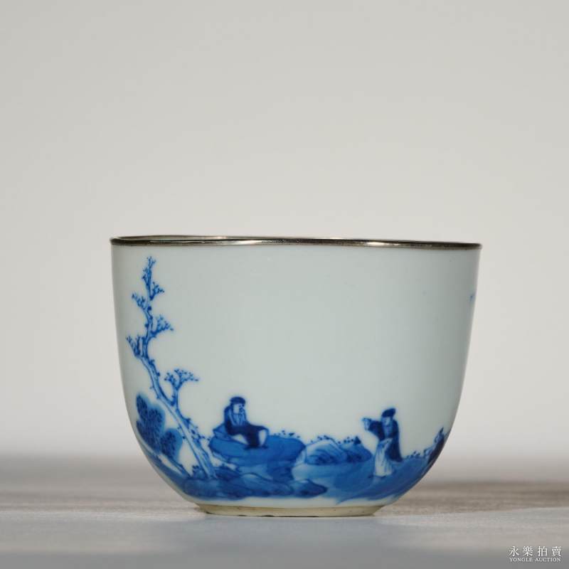 清晚期 青花山水人物诗文杯