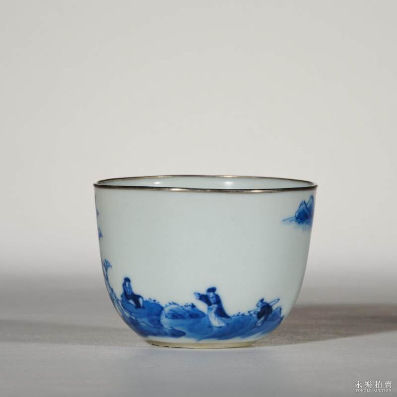 清晚期 青花山水人物诗文杯 - 图2
