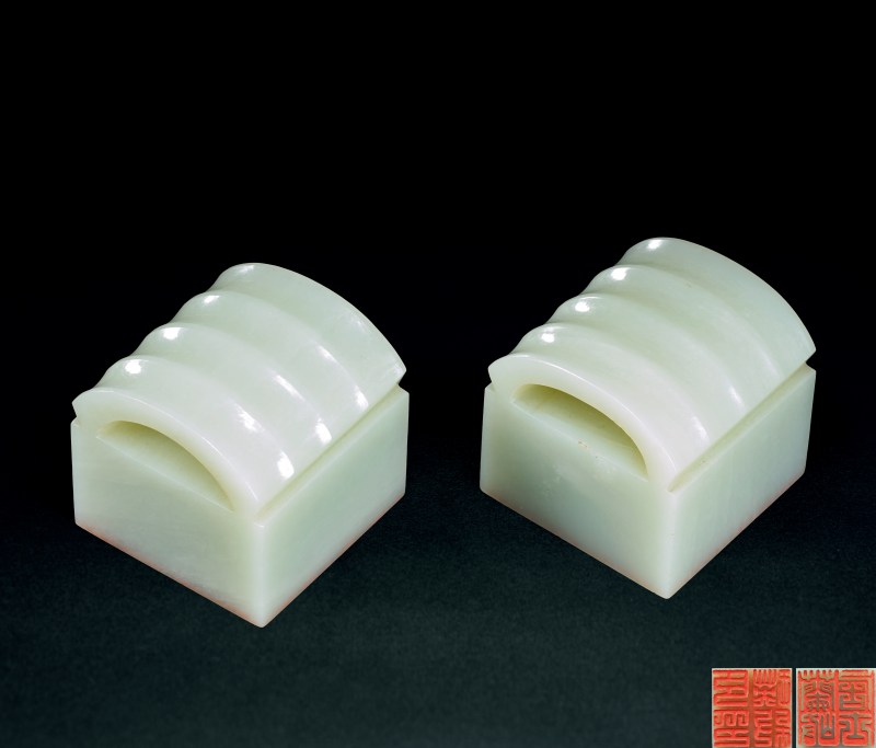 清 青白玉瓦鈕玉印一對 - 图1