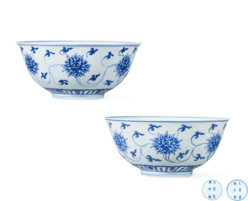 清康熙 青花纏枝蓮紋碗一對 - 图1