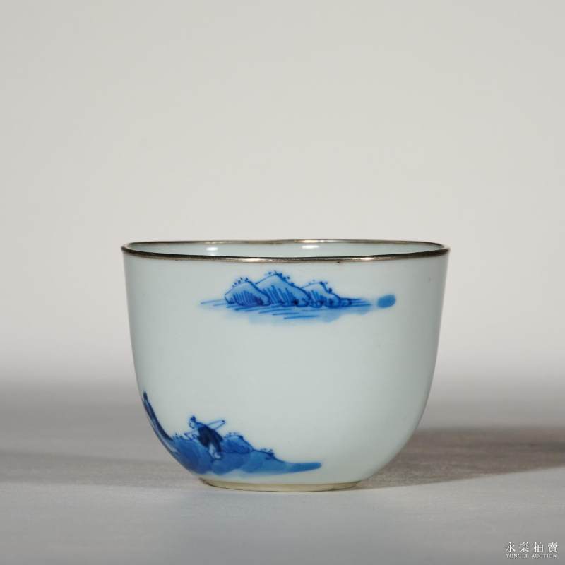清晚期 青花山水人物诗文杯 - 图3